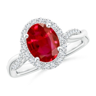 9x7mm AAA Oval Ruby Halo Twisted Vine Ring in P950 Platinum