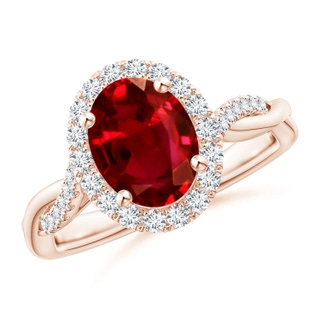 9x7mm AAAA Oval Ruby Halo Twisted Vine Ring in Rose Gold