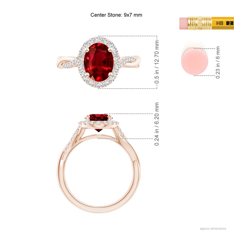 9x7mm Lab-Grown Oval Ruby Halo Twisted Vine Ring in Rose Gold ruler