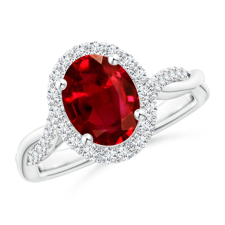9x7mm Lab-Grown Oval Ruby Halo Twisted Vine Ring in White Gold 