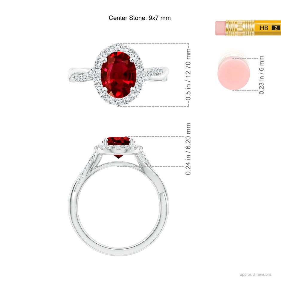 9x7mm Lab-Grown Oval Ruby Halo Twisted Vine Ring in White Gold ruler