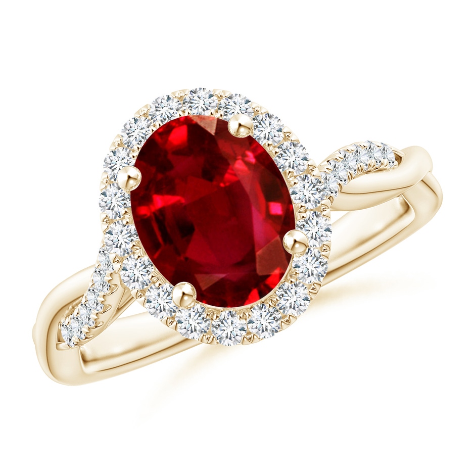 9x7mm Lab-Grown Oval Ruby Halo Twisted Vine Ring in Yellow Gold 