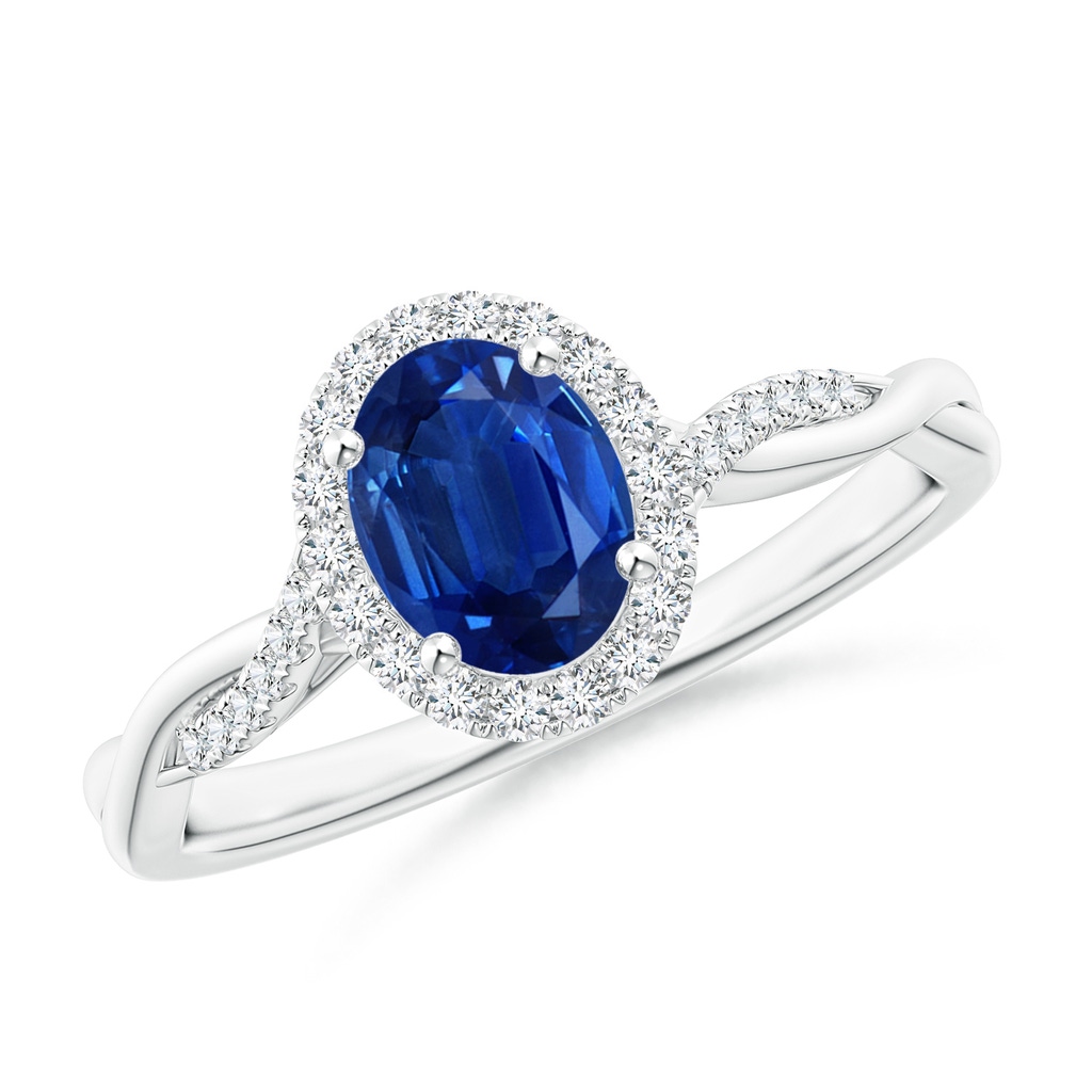 7x5mm AAA Oval Sapphire Halo Twisted Vine Ring in White Gold 