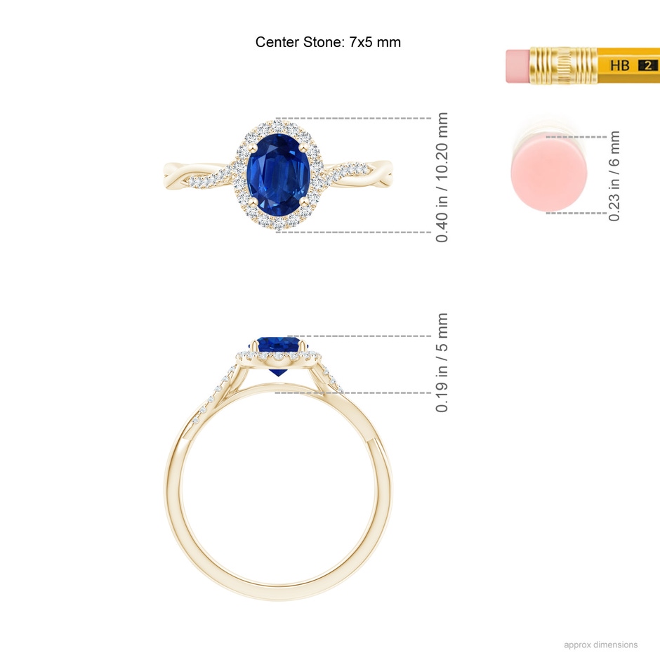 7x5mm AAA Oval Sapphire Halo Twisted Vine Ring in Yellow Gold ruler