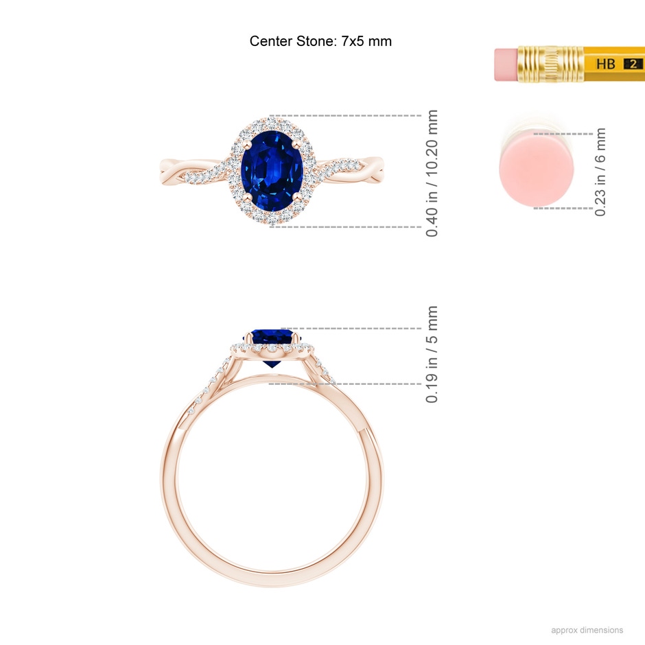 7x5mm AAAA Oval Sapphire Halo Twisted Vine Ring in Rose Gold ruler