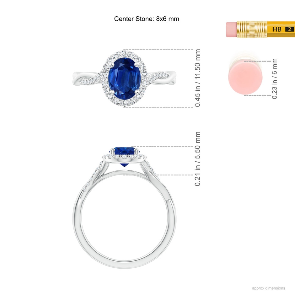 8x6mm AAA Oval Sapphire Halo Twisted Vine Ring in P950 Platinum ruler