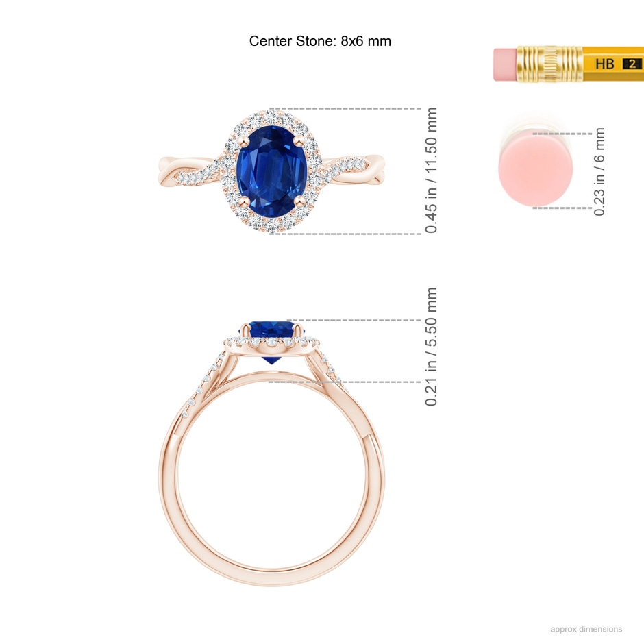 8x6mm AAA Oval Sapphire Halo Twisted Vine Ring in Rose Gold ruler