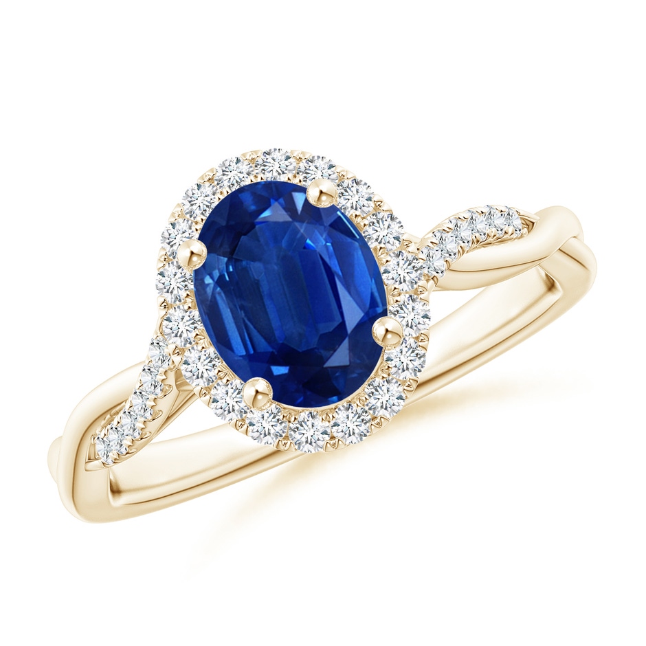 8x6mm AAA Oval Sapphire Halo Twisted Vine Ring in Yellow Gold 