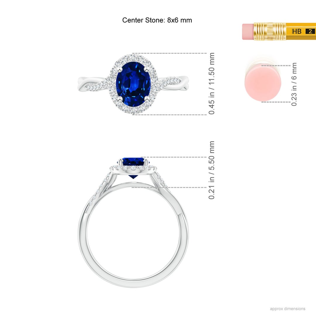 8x6mm AAAA Oval Sapphire Halo Twisted Vine Ring in White Gold - ruler