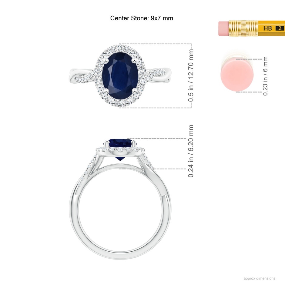 9x7mm A Oval Sapphire Halo Twisted Vine Ring in White Gold ruler