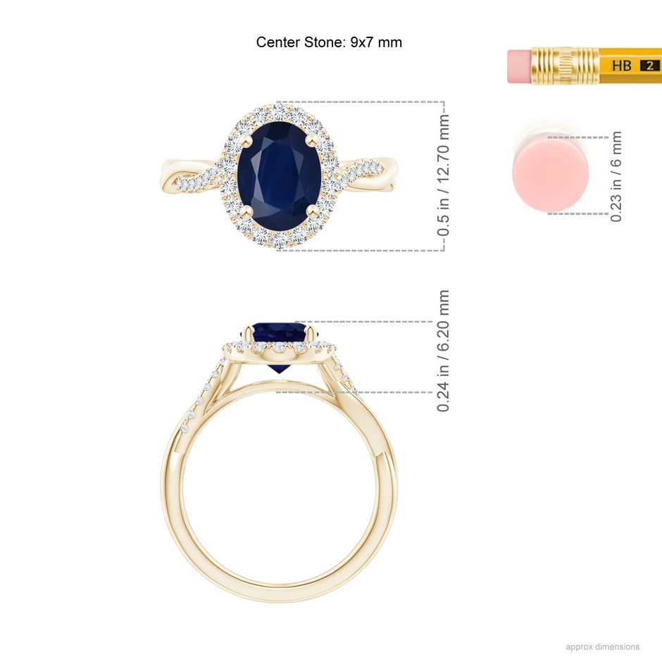9x7mm A Oval Sapphire Halo Twisted Vine Ring in Yellow Gold ruler