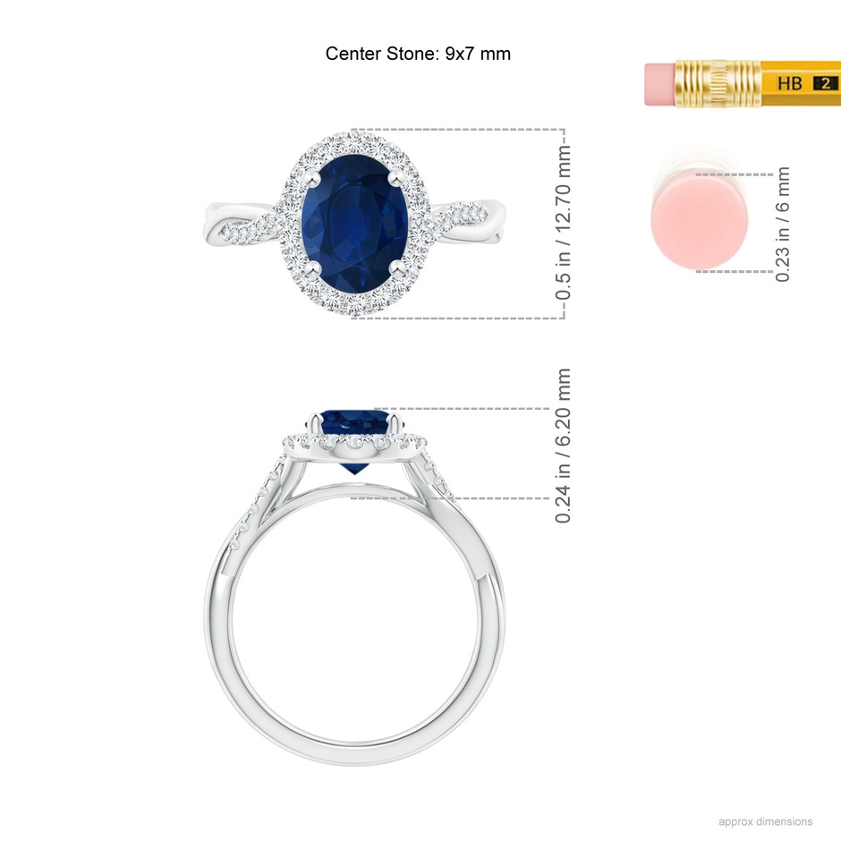 9x7mm AA Oval Sapphire Halo Twisted Vine Ring in White Gold ruler