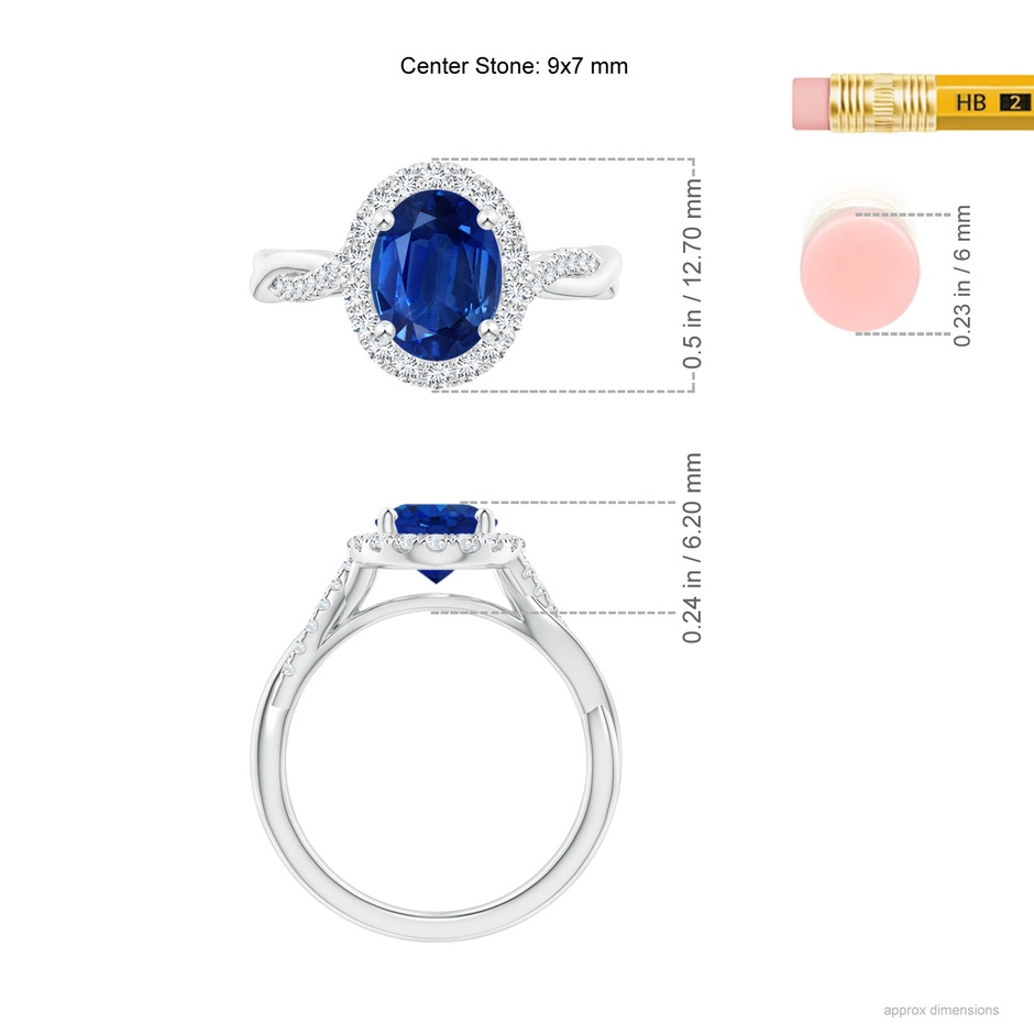 9x7mm AAA Oval Sapphire Halo Twisted Vine Ring in P950 Platinum ruler