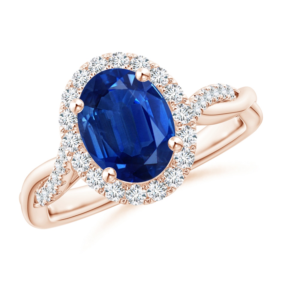9x7mm AAA Oval Sapphire Halo Twisted Vine Ring in Rose Gold 