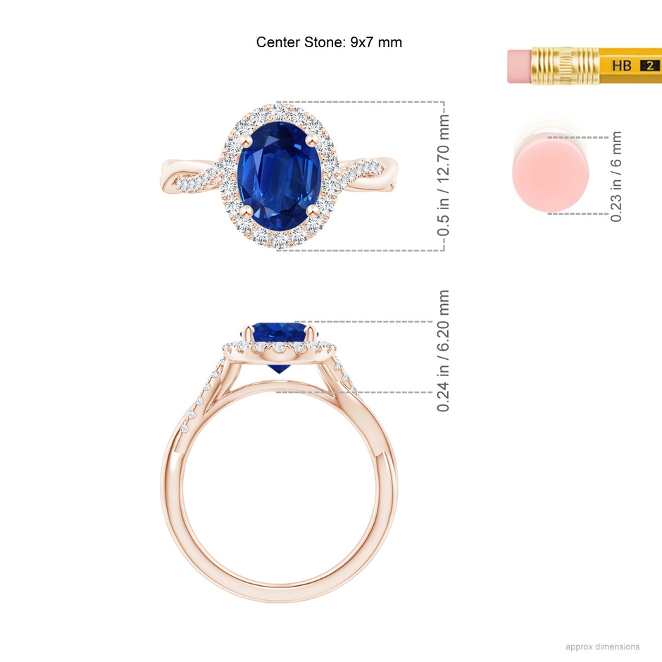9x7mm AAA Oval Sapphire Halo Twisted Vine Ring in Rose Gold ruler