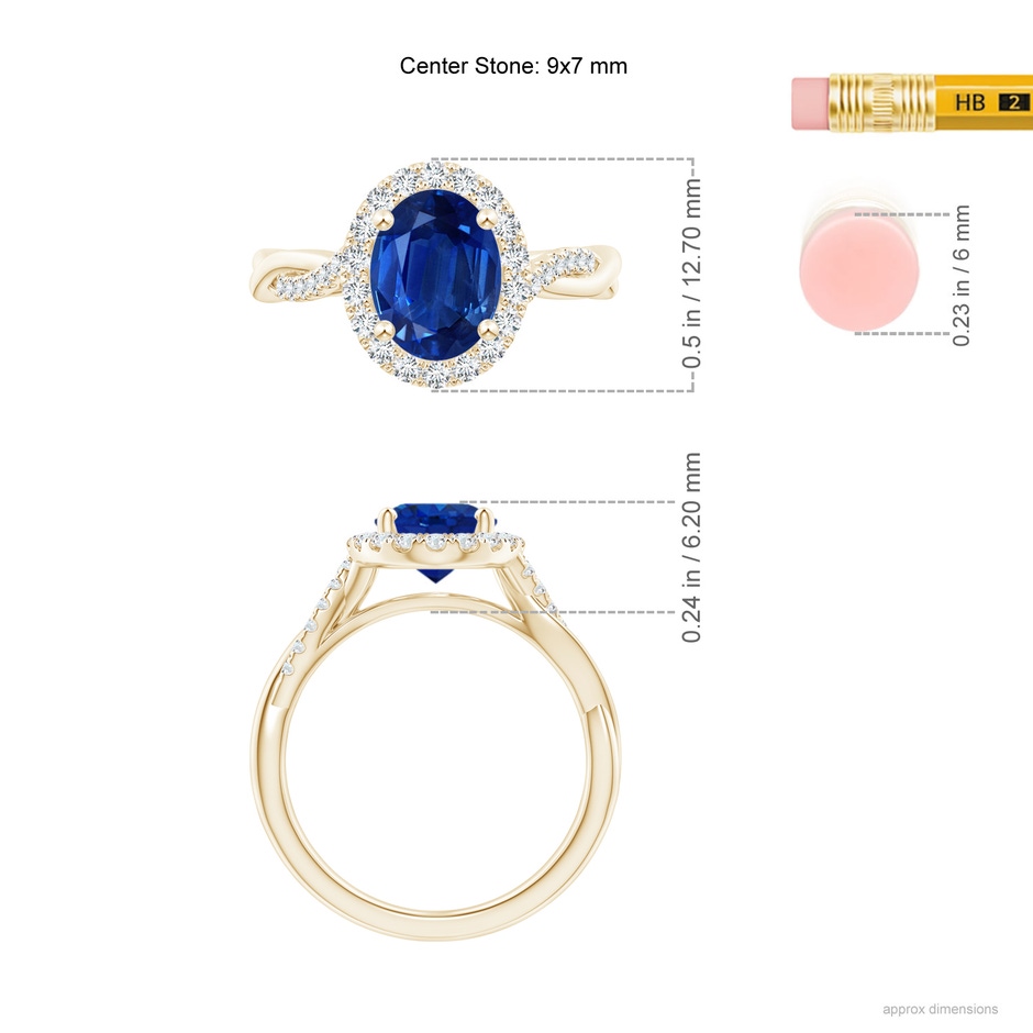 9x7mm AAA Oval Sapphire Halo Twisted Vine Ring in Yellow Gold ruler