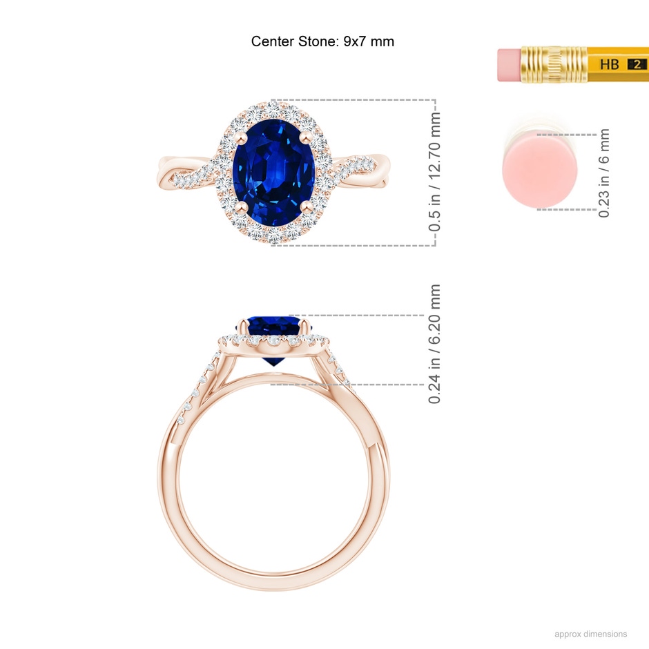9x7mm AAAA Oval Sapphire Halo Twisted Vine Ring in Rose Gold ruler