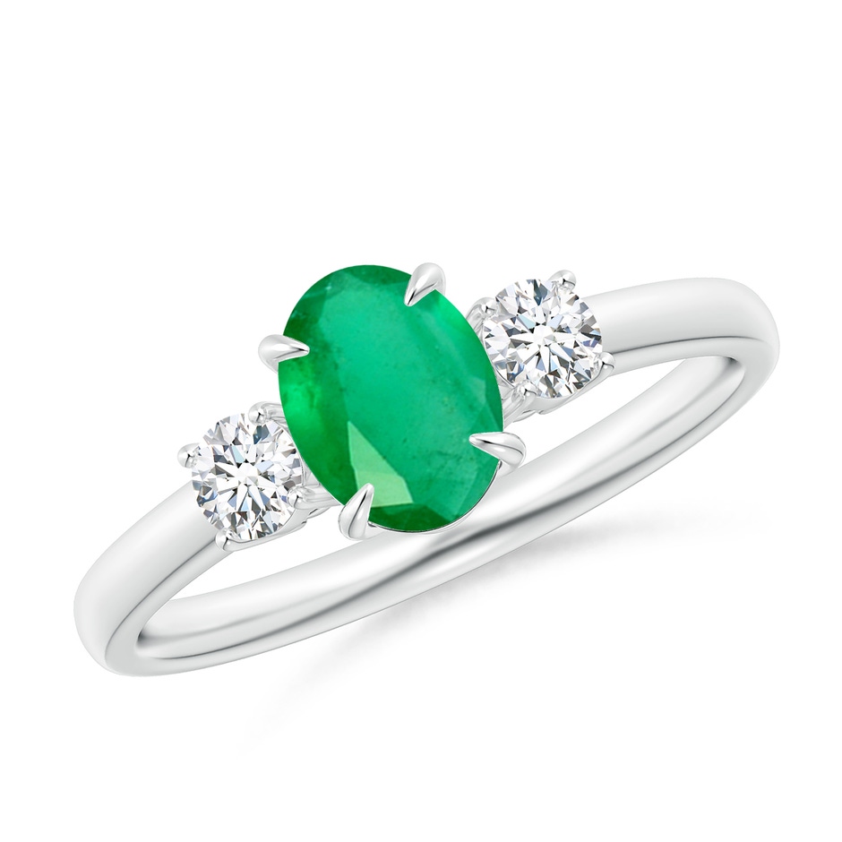 7x5mm A Oval Emerald and Round Diamond Three Stone Ring in P950 Platinum 