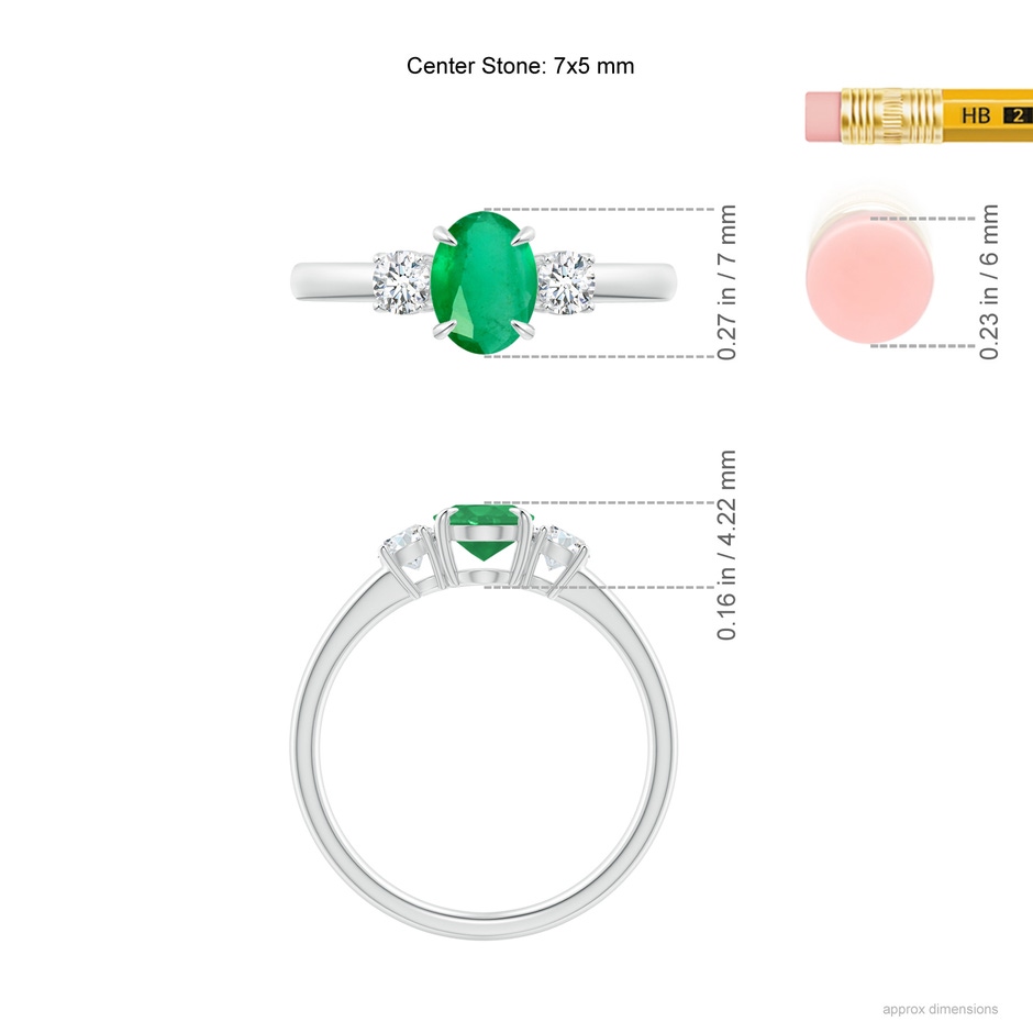 7x5mm A Oval Emerald and Round Diamond Three Stone Ring in P950 Platinum Ruler