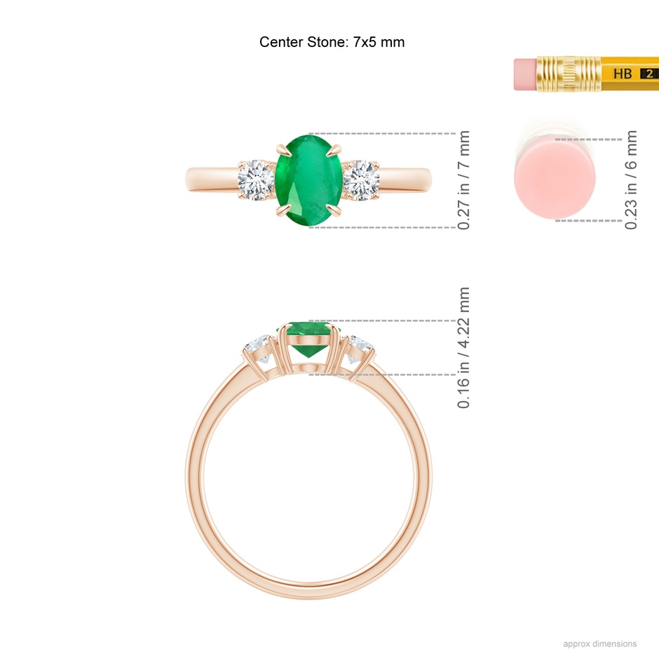 7x5mm A Oval Emerald and Round Diamond Three Stone Ring in Rose Gold Ruler