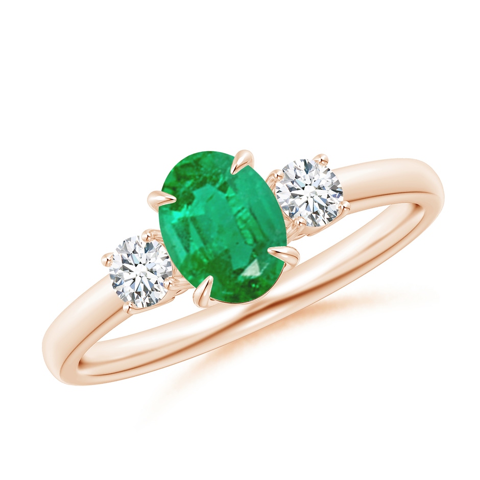 7x5mm AA Oval Emerald and Round Diamond Three Stone Ring in Rose Gold 