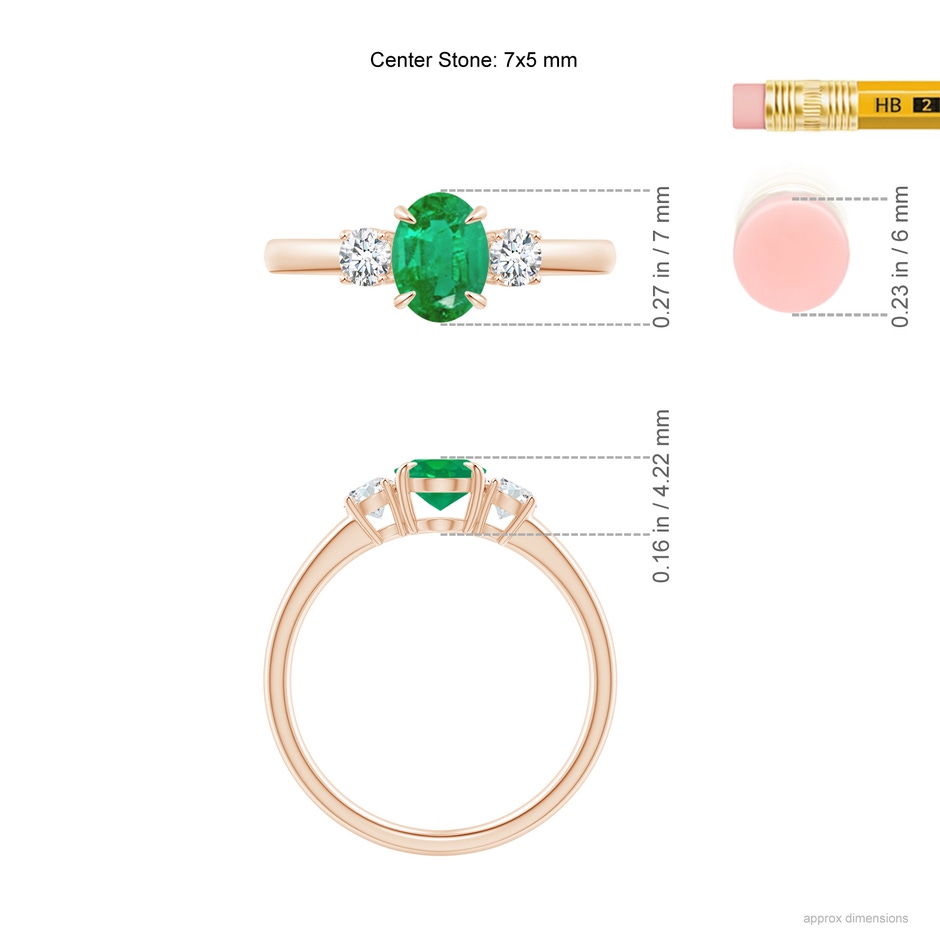7x5mm AA Oval Emerald and Round Diamond Three Stone Ring in Rose Gold Ruler