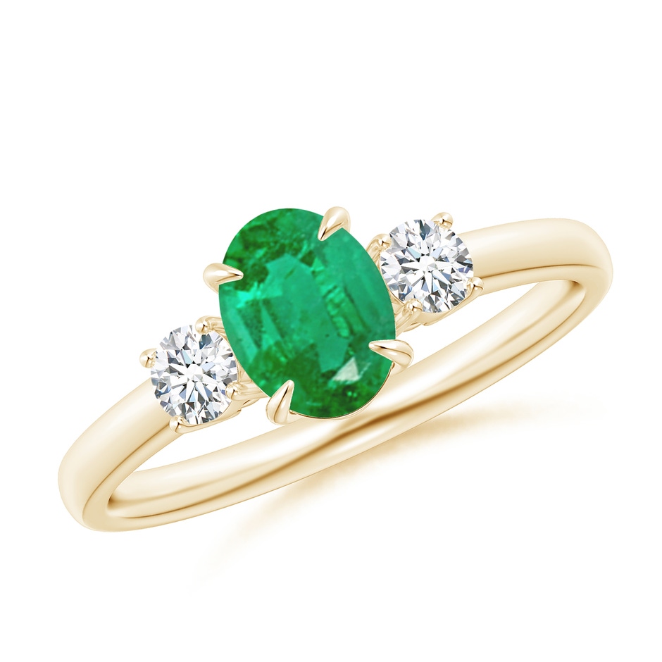 7x5mm AA Oval Emerald and Round Diamond Three Stone Ring in Yellow Gold 
