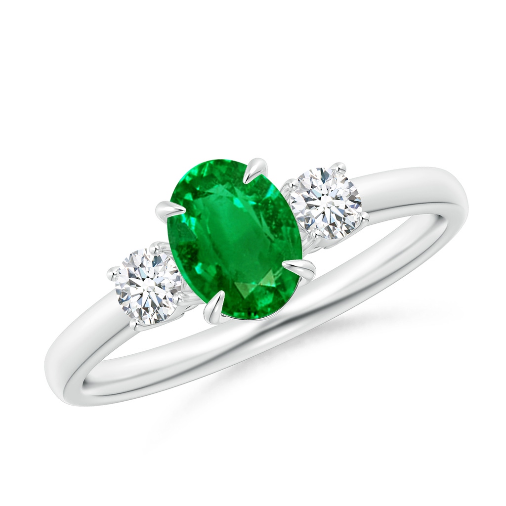 7x5mm AAAA Oval Emerald and Round Diamond Three Stone Ring in P950 Platinum