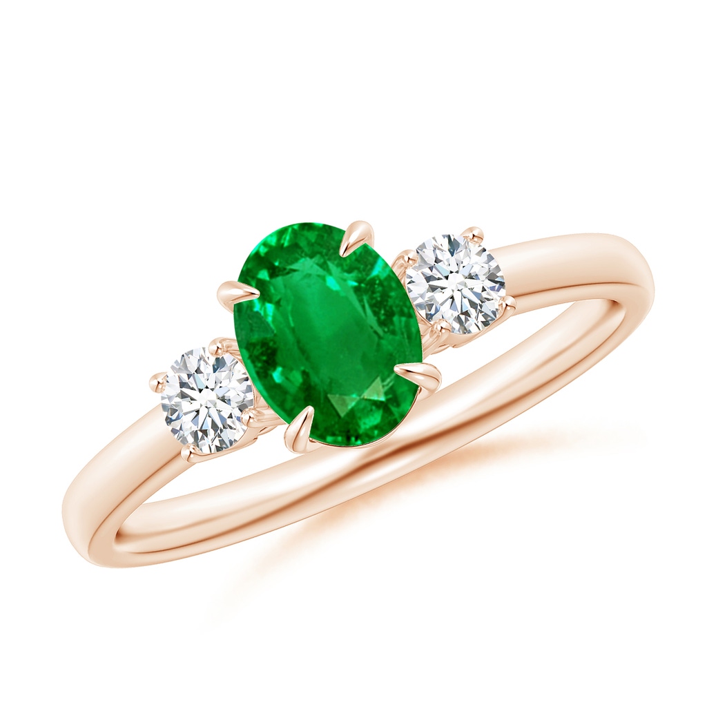 7x5mm AAAA Oval Emerald and Round Diamond Three Stone Ring in Rose Gold