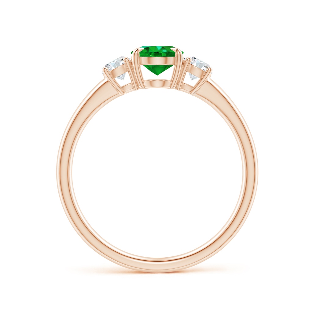 7x5mm AAAA Oval Emerald and Round Diamond Three Stone Ring in Rose Gold Side 1