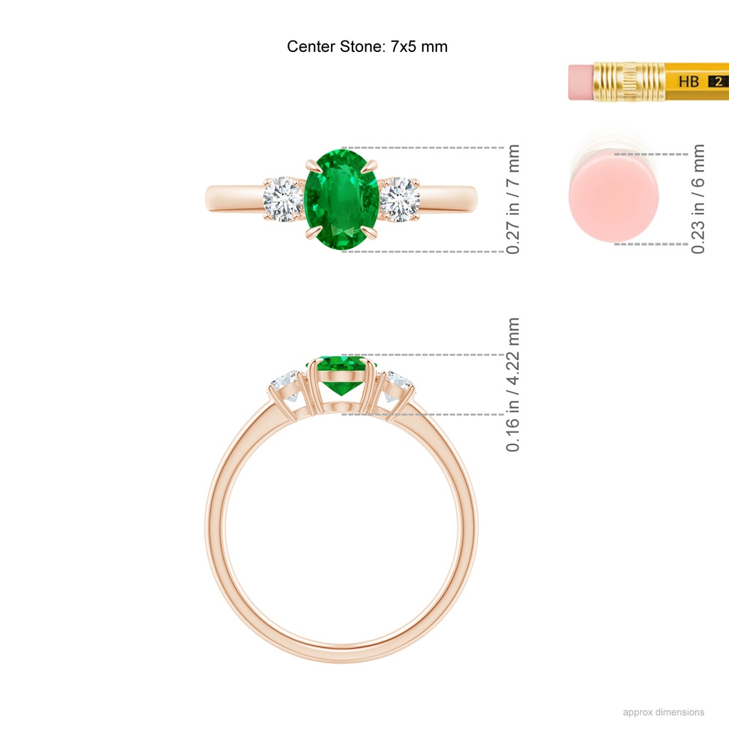 7x5mm AAAA Oval Emerald and Round Diamond Three Stone Ring in Rose Gold Ruler