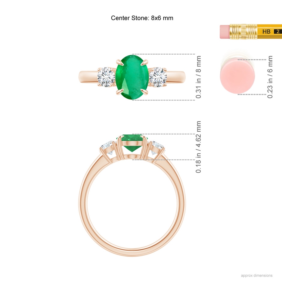 8x6mm A Oval Emerald and Round Diamond Three Stone Ring in Rose Gold Ruler