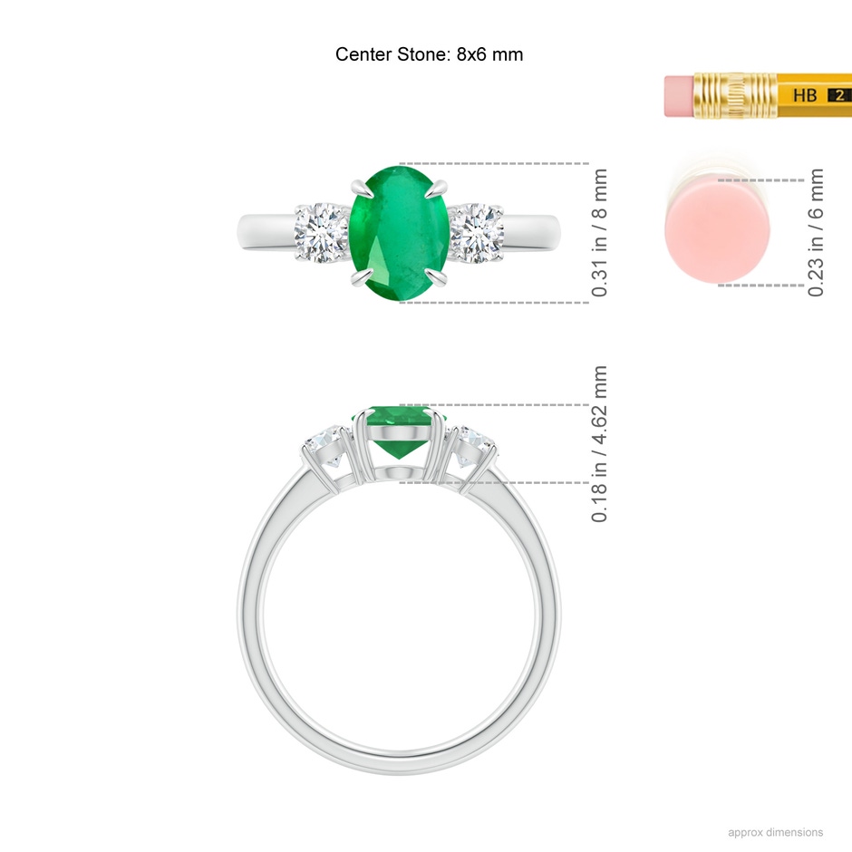 8x6mm A Oval Emerald and Round Diamond Three Stone Ring in White Gold Ruler