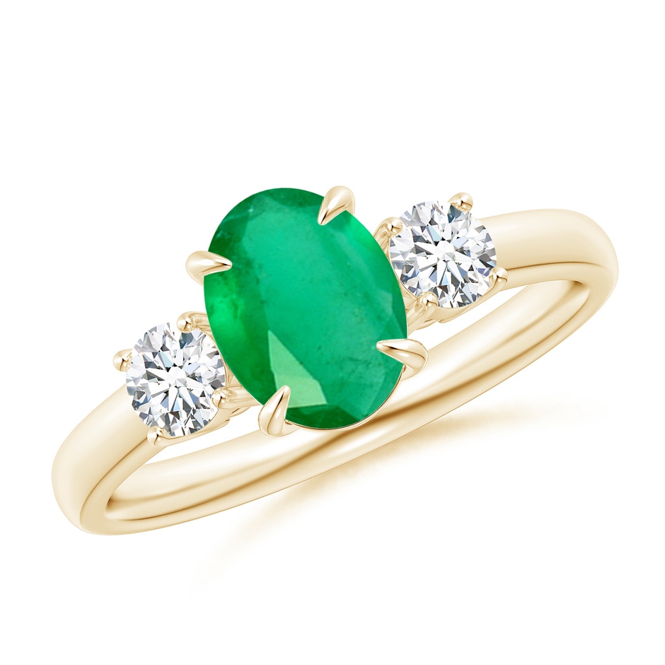 8x6mm A Oval Emerald and Round Diamond Three Stone Ring in Yellow Gold 