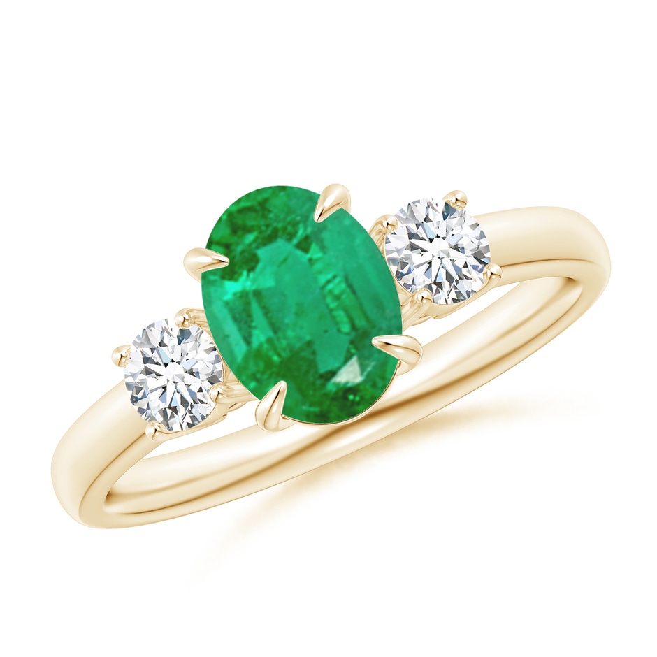 8x6mm AA Oval Emerald and Round Diamond Three Stone Ring in Yellow Gold 