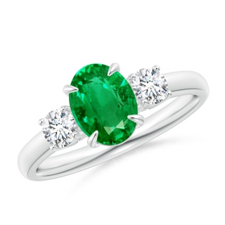 8x6mm AAA Oval Emerald and Round Diamond Three Stone Ring in P950 Platinum