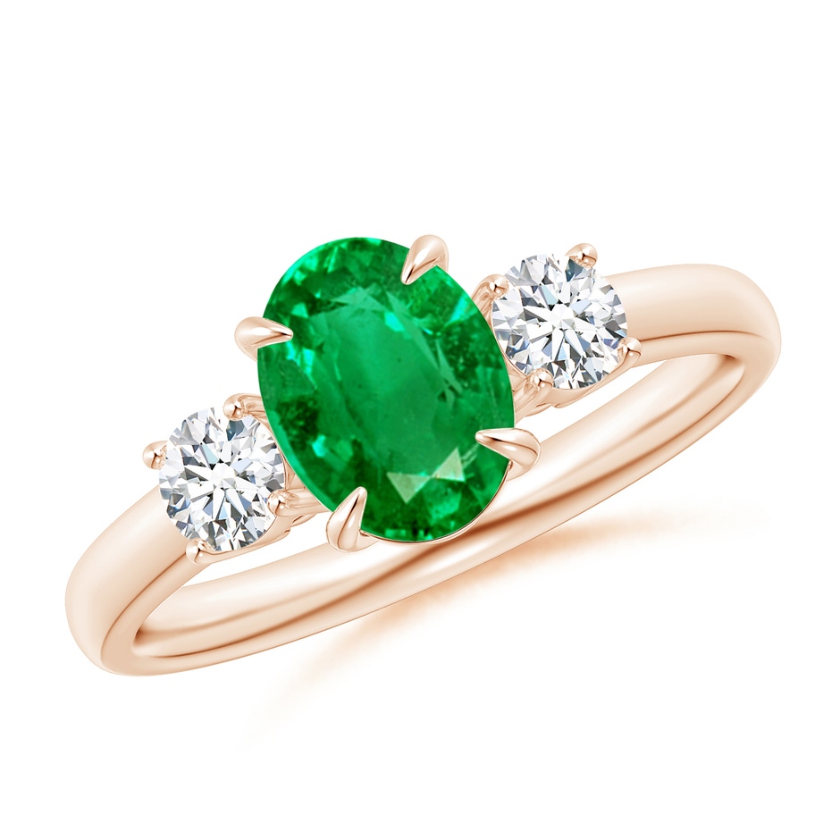 8x6mm AAA Oval Emerald and Round Diamond Three Stone Ring in Rose Gold 