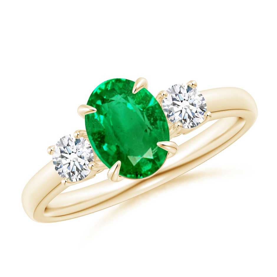 8x6mm AAA Oval Emerald and Round Diamond Three Stone Ring in Yellow Gold 