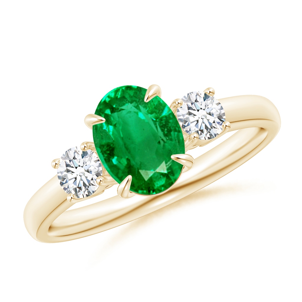8x6mm AAA Oval Emerald and Round Diamond Three Stone Ring in Yellow Gold
