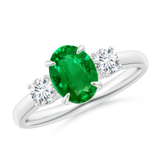 8x6mm AAAA Oval Emerald and Round Diamond Three Stone Ring in P950 Platinum