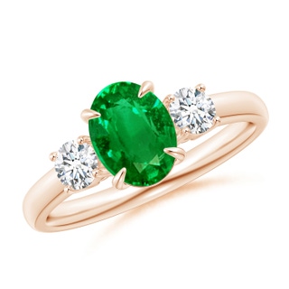 8x6mm AAAA Oval Emerald and Round Diamond Three Stone Ring in Rose Gold