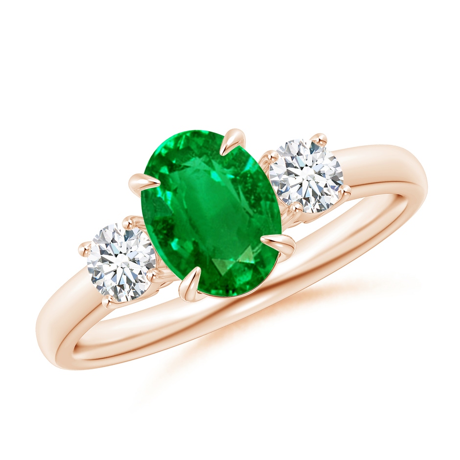8x6mm AAAA Oval Emerald and Round Diamond Three Stone Ring in Rose Gold 