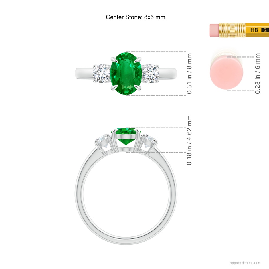 8x6mm AAAA Oval Emerald and Round Diamond Three Stone Ring in White Gold Ruler