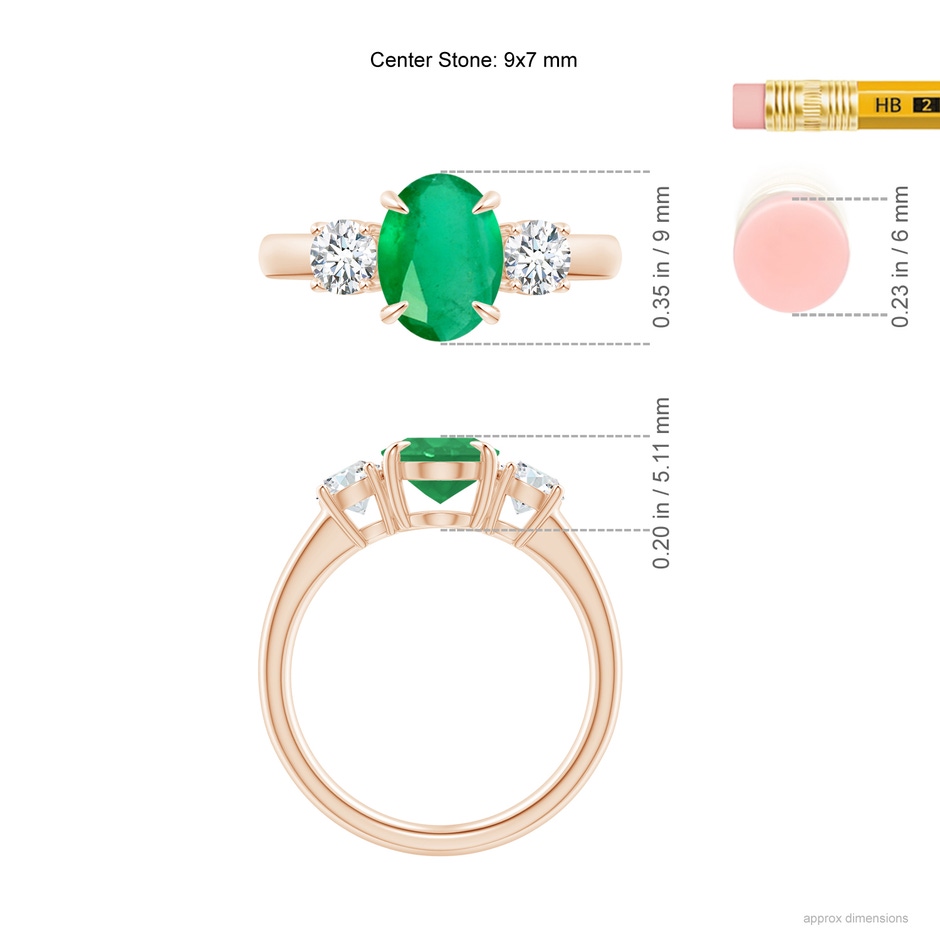 9x7mm A Oval Emerald and Round Diamond Three Stone Ring in Rose Gold Ruler