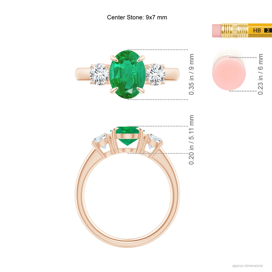 9x7mm AA Oval Emerald and Round Diamond Three Stone Ring in Rose Gold Ruler