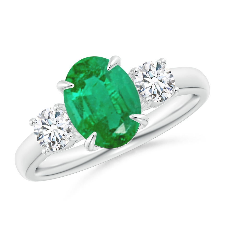 9x7mm AA Oval Emerald and Round Diamond Three Stone Ring in White Gold 