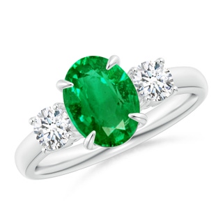 9x7mm AAA Oval Emerald and Round Diamond Three Stone Ring in P950 Platinum