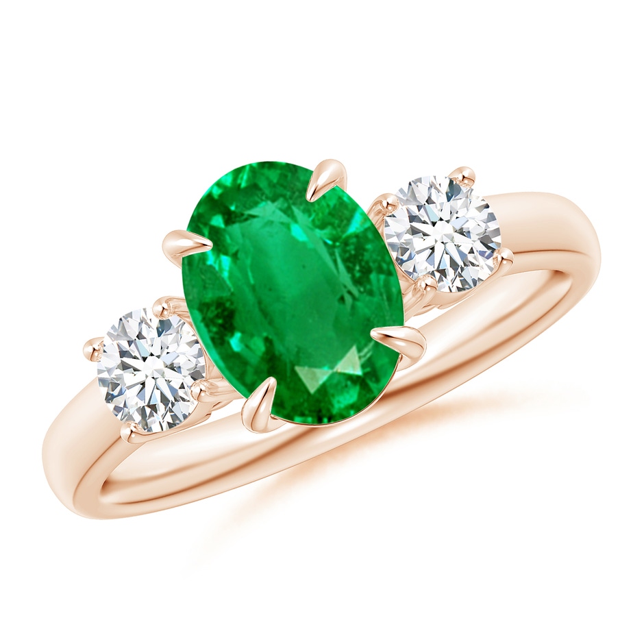 9x7mm AAA Oval Emerald and Round Diamond Three Stone Ring in Rose Gold 