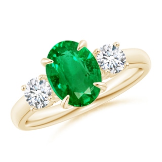 9x7mm AAA Oval Emerald and Round Diamond Three Stone Ring in Yellow Gold