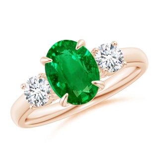 9x7mm AAAA Oval Emerald and Round Diamond Three Stone Ring in 9K Rose Gold